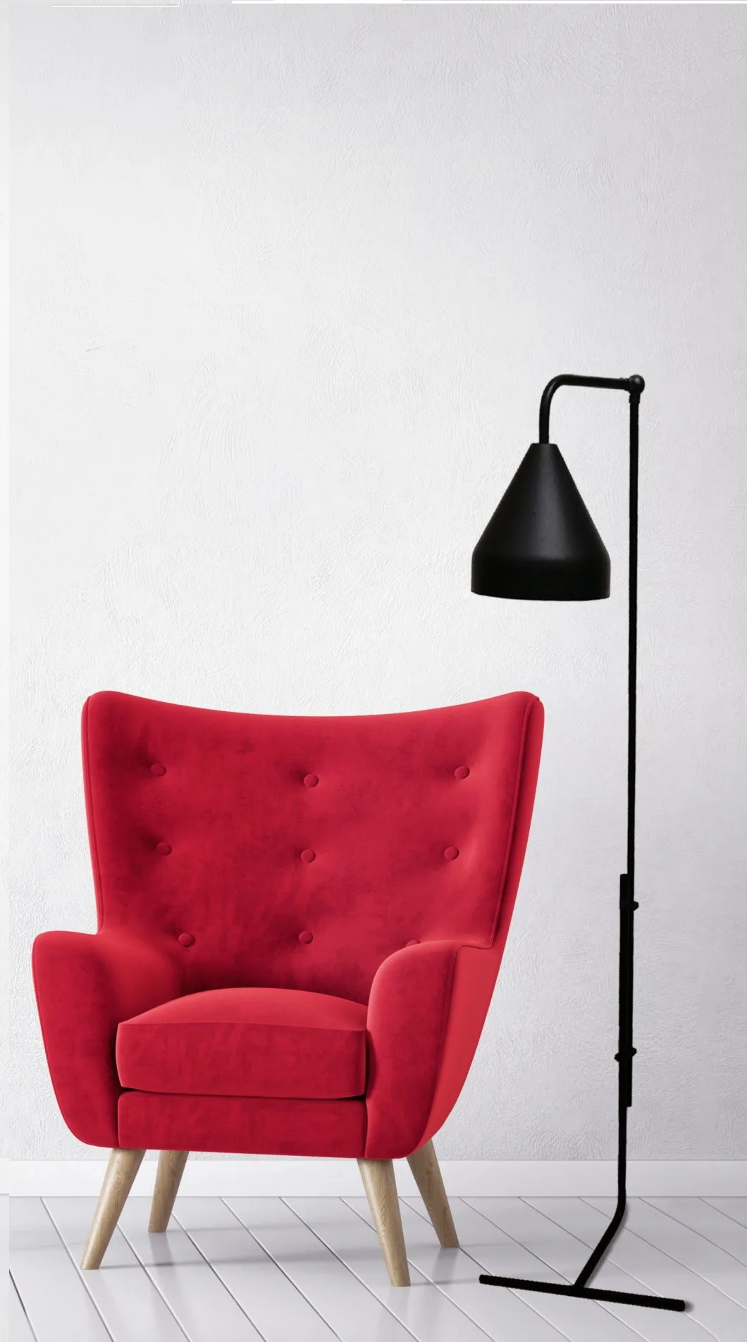 Dixi podna svjetiljka uz crveni naslonjač Corda Lighting